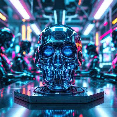 The primary subject of the image is a silver skull, which is the main object, scene, or focus of the image. The setting/background features a futuristic environment, with a blue and pink color scheme. The visual style is a combination of photo and digital art, creating a unique and intriguing atmosphere. The colors and mood of the image are predominantly blue and pink, giving it a futuristic and surreal feel.